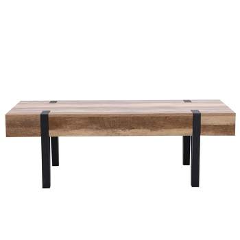 LuxenHome Oak Finish MDF Wood 2-Drawer Coffee Table with Black Metal Legs. Brown