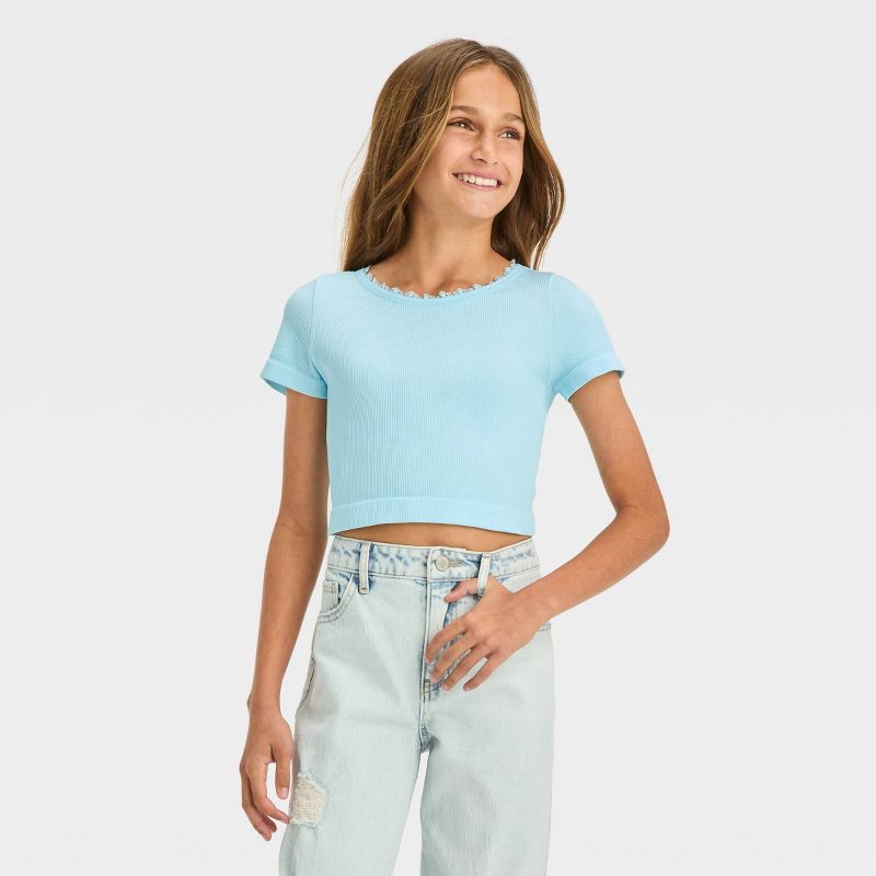 Girls' Short Sleeve Lace Trim Seamless T-Shirt - art class™, 1 of 5