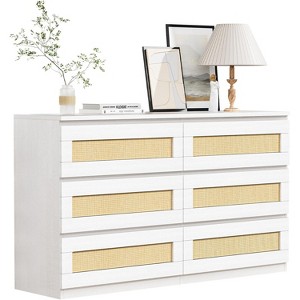 6 Rattan Drawer Double Dresser for Bedroom, Natural Rattan Modern Drawer Chest, Wooden Storage Wardrobe Dresser, for Living Room, Hallway - 1 of 4