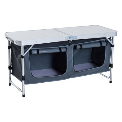 Outsunny 47" Aluminum Folding Camping Table, Outdoor Picnic Table with Carrying Handle And Storage Organizer Cabinets