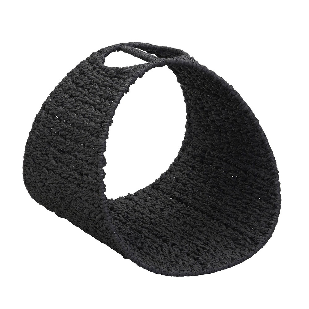 Household Essentials Oval Magazine Rack Paper Rope: Handwoven Black Storage Basket with Cut-Out Handles, 15.35" x 11.5"