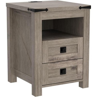 Gray Farmhouse Nightstand with Charging Station and Storage
