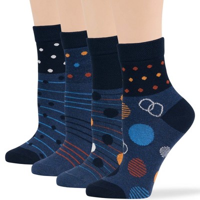 Women's Cotton Diabetic Quarter Patterned Socks - 4 Pack - Shoe Size 5-9 M, 8-12 L - Heart, Stripe, Flower - Black, Blue | 7BIGSTARS KINGDOM
