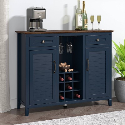 Navy Wood 48" Wine Cabinet with Drawers and Shelves