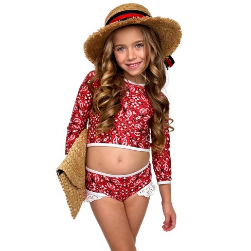 Kids Two Piece Skirted Swimsuits  Girls Abstract Rash Guard Swimsuit – Mia  Belle Girls