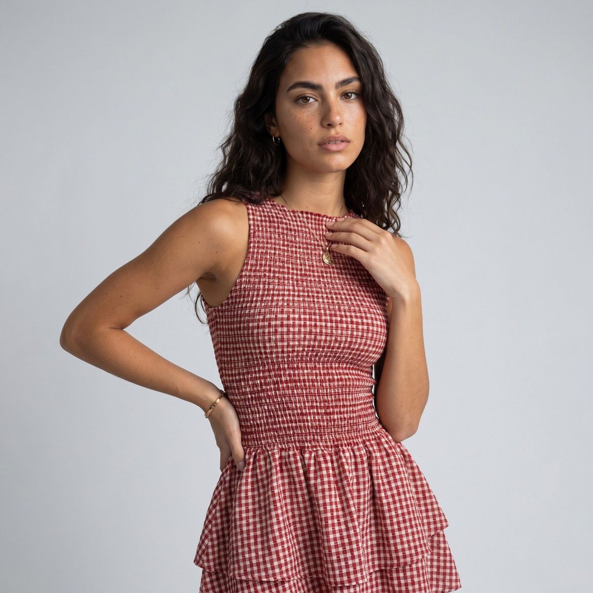 Anna-Kaci Women's Gingham Sleeveless Smocked Mini Dress with Tiered Ruffle Skirt - thumbnail 9