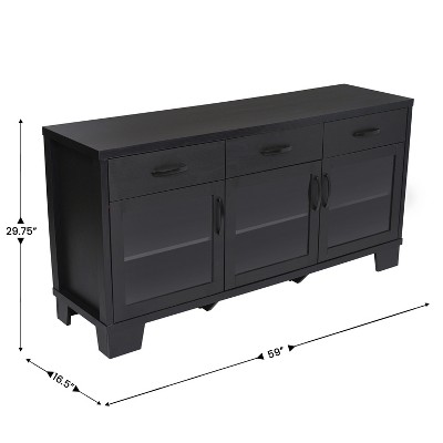 Black Engineered Wood Buffet Sideboard with Glass Doors and Drawers