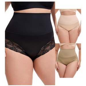 INSPIRE CHIC 3 Packs Women's Lace Trimmed Tummy Control High Waisted Soft Breathable Full Coverage Briefs - 1 of 4