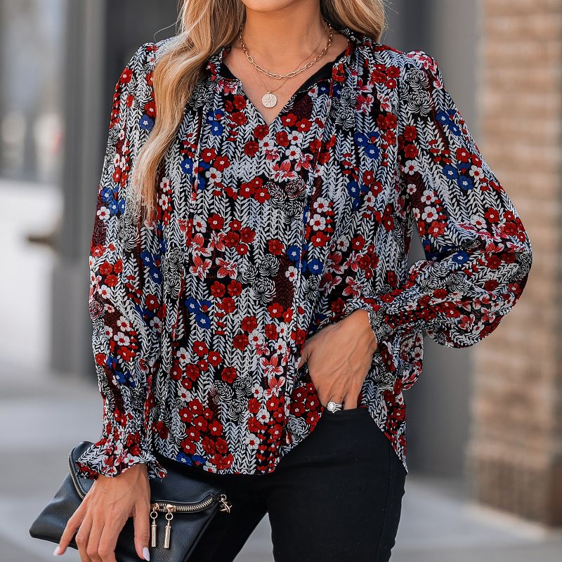 Women's Floral Print V-Neck Trumpet Sleeve Top - Cupshe, 2 of 5