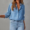 Women Long Sleeve v Neck Denim  Button Down Casual Shirts Chambray Blouse Top - 2 of 4