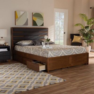 Elin Walnut King Storage Bed with Grey Upholstered Headboard