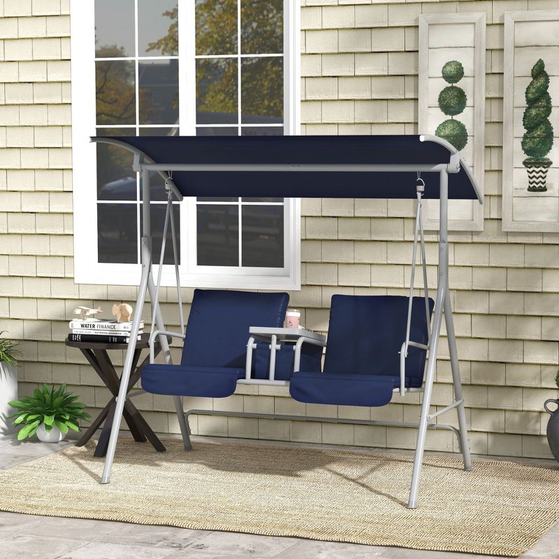 Outsunny 2 Person Porch Swing with Stand, Outdoor Swing with Canopy, Pivot Storage Table, 2 Cup Holders, Cushions for Patio, Backyard, Dark Blue, 3 of 7