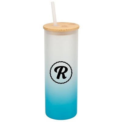 Elanze Designs R Monogram Letter Initial Rope Circle Wrap-Around Design 25 Ounce Frosted Gradient Glass On-The-Go Coffee Travel Skinny Tumbler Mug