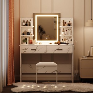 Vanity Desk with Mirror and Lights, Makeup Vanity Set with Cushioned Stool, Power Outlet, 6 Storage Shelves - 1 of 4