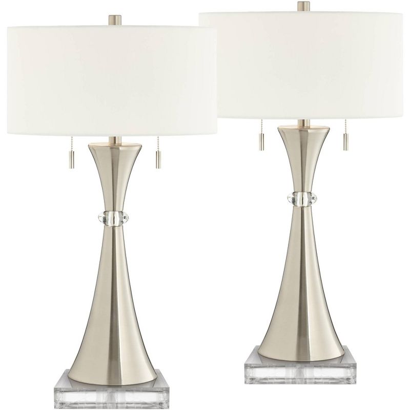 360 Lighting Rachel Modern Table Lamps Set of 2 with Square Riser 29 1/2" Tall Silver Metal White Drum Shade for Bedroom Living Room Bedside Family, 1 of 6