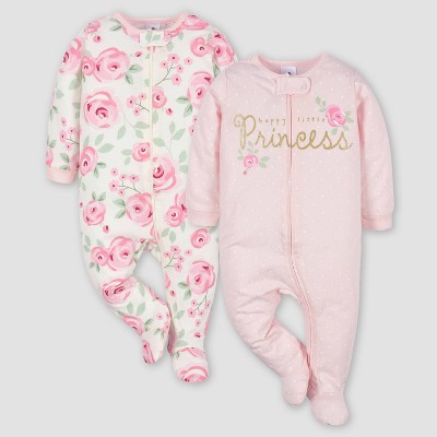 Image of Gerber Baby Girls' 2pk Zip-Front Floral Sleep N' Play - White/Pink 3-6M