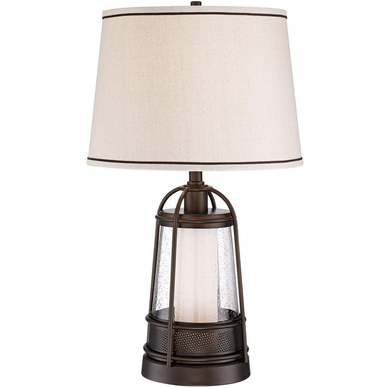 Franklin Iron Works Hugh Industrial Rustic Table Lamp 26" High Bronze Seeded Glass with Table Top Dimmer LED Nightlight Off White Shade for Bedroom, 1 of 9
