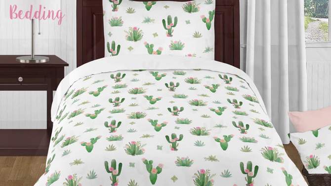 Sweet Jojo Designs Kids' Queen Sheet Set Cactus Floral Pink and Green 4pc, 2 of 5, play video
