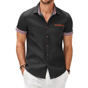 COOFANDY Men's Casual Short Sleeve Button Down Dress Shirt Plaid Collar Denim Work Shirts - 1 of 4
