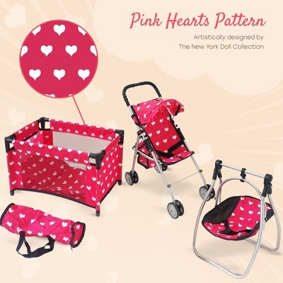 Pink Hearts 3-in-1 Baby Doll Furniture Set with Stroller, Crib, and Swing