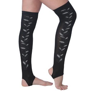 Tipi Toe Women Stirrup Designed Socks - Over the Knee Black Leaves Patterned - Stretchable Women's Stockings Workout socks - 1 of 1