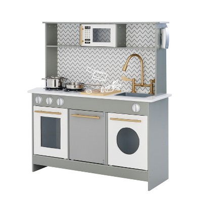 Teamson Kids Little Chef Berlin Modern Play Kitchen Set with Pot, Pan, Lid, Spatula, Cutting Board, & Play Phone for Boys & Girls, Gray/White