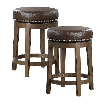 Lexicon Whitby 25 Inch Counter Height Wooden Bar Stool with Solid Wood Legs and Faux Leather Round Swivel Seat, Brown (2 Pack)