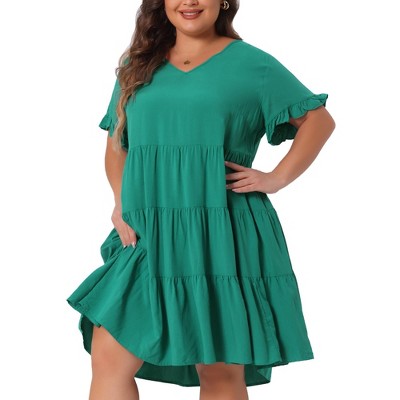 Agnes Orinda Women's Plus Size V Neck Ruffle Sleeve with Pockets Swing Tiered A Line Dresses