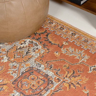 Bijan Terra Blue Cream Medallion Washable Reversible Rug 5x8