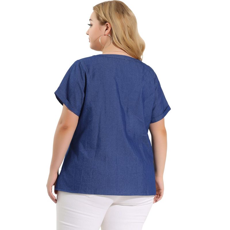 Agnes Orinda Women's Plus Size Work Short Sleeve V Neck Chambray Casual Tops, 5 of 7