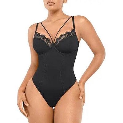 SHAPELLX Women's Shapewear Bodysuit Tummy Control Body Shaper Lace Sculpting Snatched Waist Body Suit V Neck Thong Bodysuit—Black 38