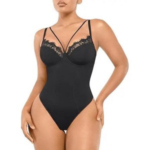 SHAPELLX Women's Shapewear Bodysuit Tummy Control Body Shaper Lace Sculpting Snatched Waist Body Suit V Neck Thong Bodysuit—Black 38 - 1 of 3