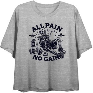 "All Pain, No Gain" Exhuasted Skeleton Women's Crew Neck Short Sleeve Top - 1 of 3