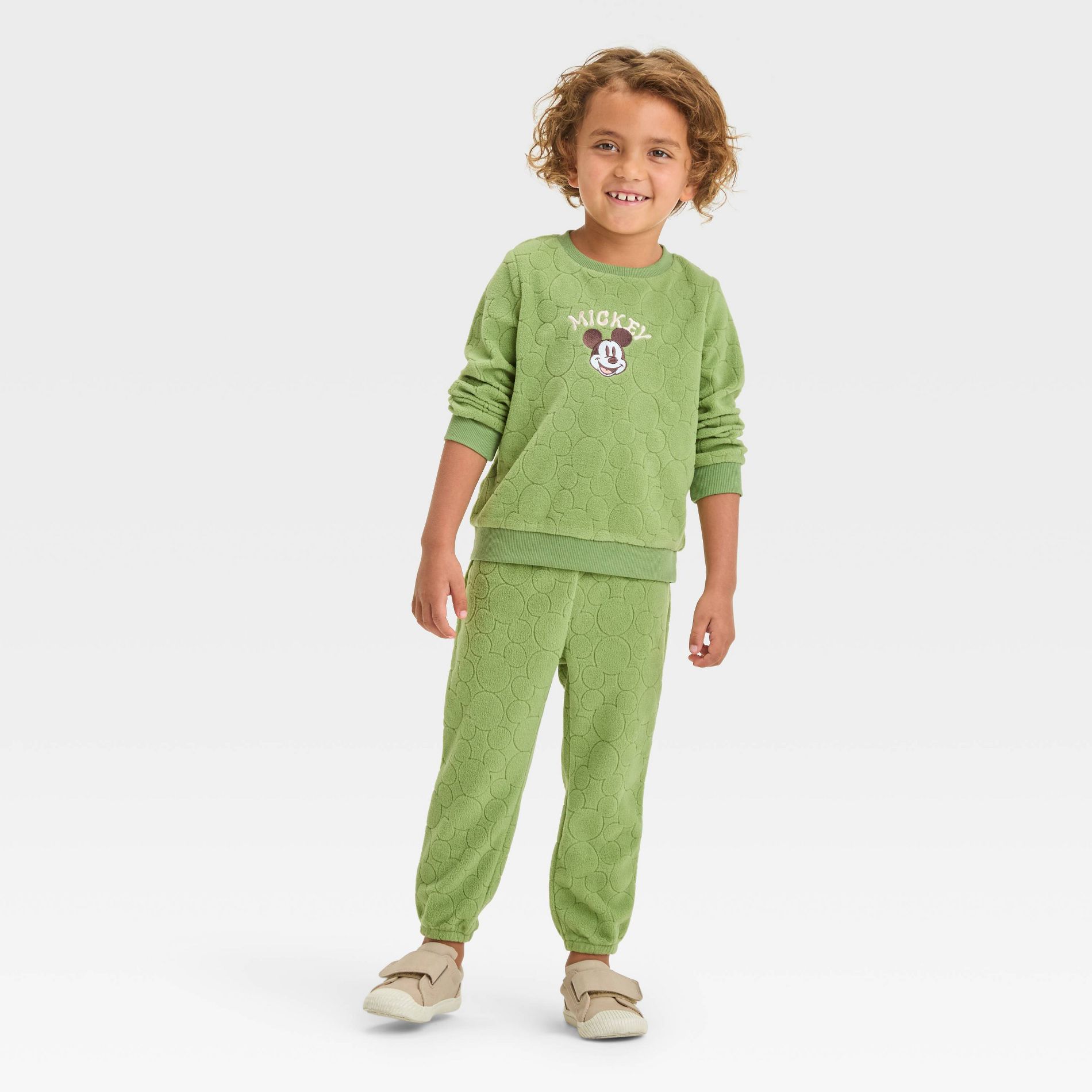Toddler Boys' 2pc Disney Mickey Mouse Cozy Velour Sweatshirt and Pant Set - Green