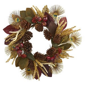 Nearly Natural 27” Magnolia Leaf, Berry, Antler and Peacock Feather Artificial Wreath - 1 of 2