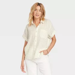 Women's Short Sleeve Button-Down Shirt - Universal Thread™ Cream Plaid XXL