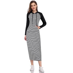 Women's Striped Maxi Dress with Raglan Sleeves & Hood, Casual Long - Sleeve Hoodie Dress for Daily Wear & Outings - 1 of 4