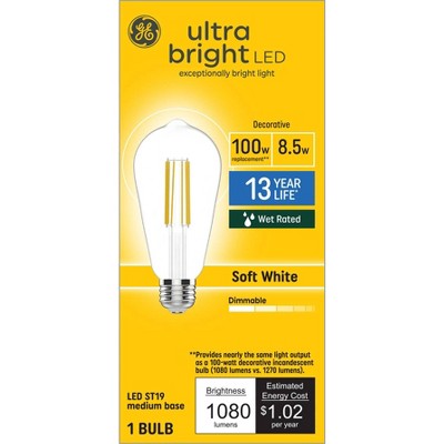 GE 2pk 100W Ultra Bright ST19 LED Light Bulbs Soft White: Dimmable, 1080 Lumens, 13.7-Year Life, E26 Base