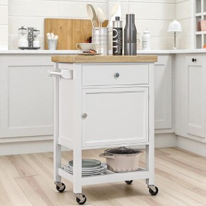 Mshliw Utility Rolling Kitchen Cart with Rubberwood Top, Narrow Butcher Block Island on Wheels with Drawer, Cabinet & Open Shelf for Small Kitchens - 1 of 4