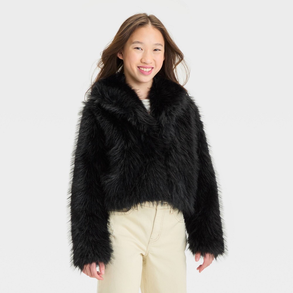 Girls' Short Faux Fur Jacket - art class Black XL
