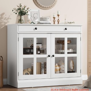 35.4 in Sideboard Buffet Cabinets w/ Glass Door, Buffet Cabinet w/ Storage, White&Brown Sideboard Cabinet w/ Drawer, Modern Buffets & Sideboards - 1 of 4