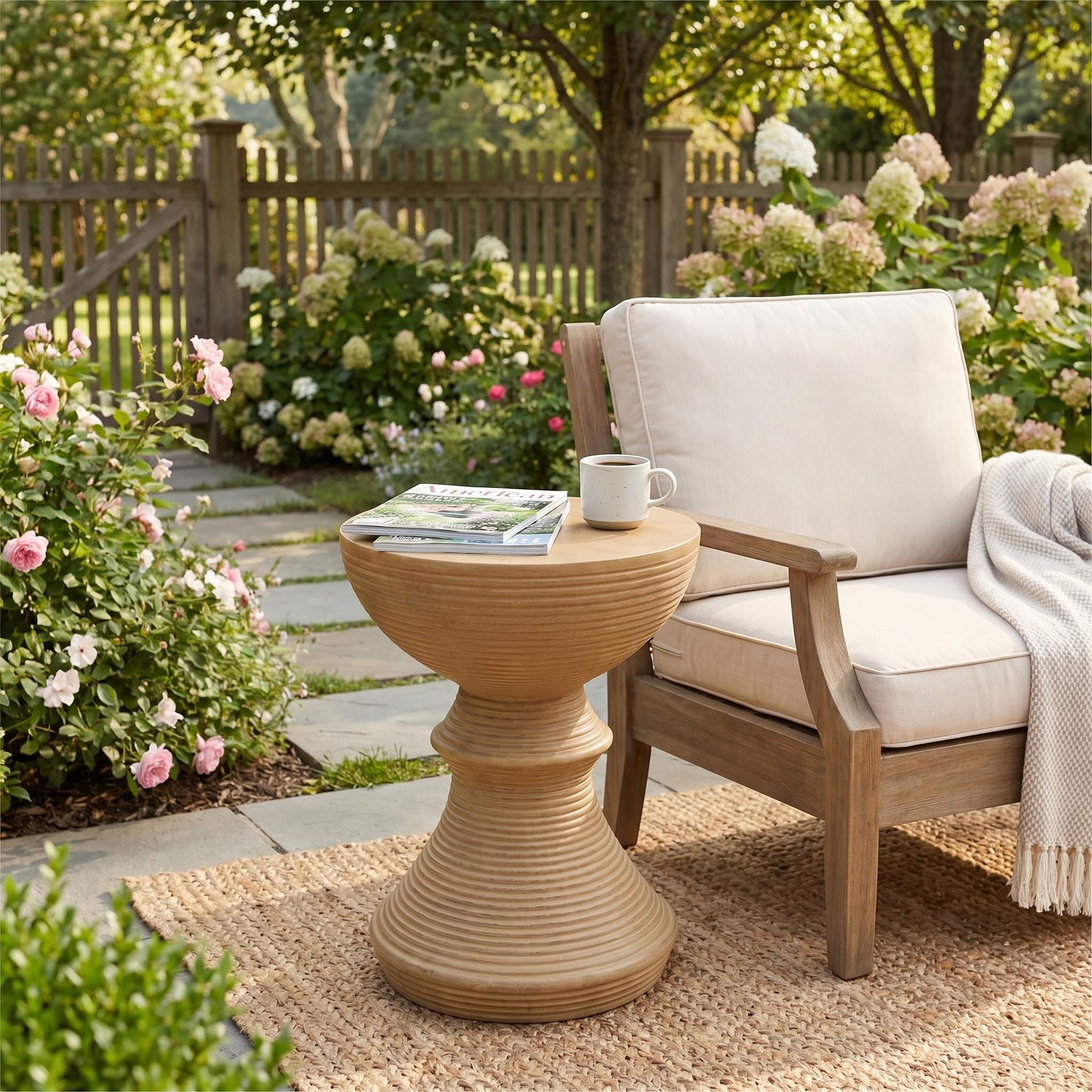 ModernLuxe 16" Modern End Table Ribbed Concrete Outdoor Side Table, Hourglass Patio Accent Table, Natural