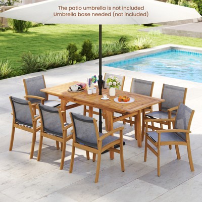 Tangkula 9-Piece Acacia Wood Patio Dining Set for 6-8 Outdoor Expandable Table and Chairs Set with 1.97" Umbrella Hole and Breathable Fabric