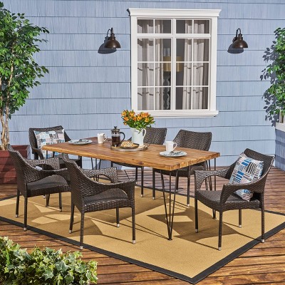 7pc Reed Wood Wicker Patio Dining Set Teak - Christopher Knight Home