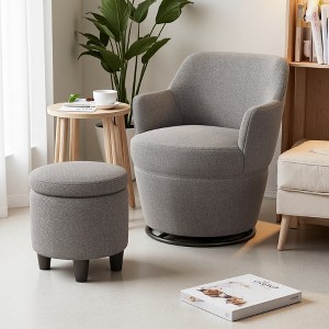 360-degree Swivel Barrel Chair with Ottoman and Burlap Fabric Upholstery - 1 of 4
