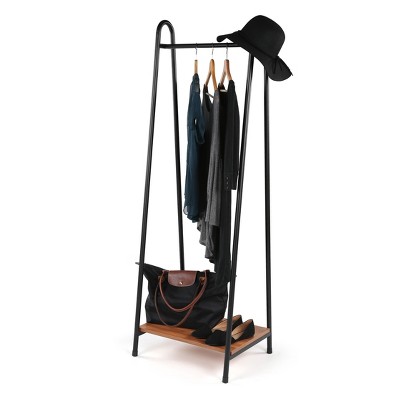 Slim Black Steel Frame Clothing Shelf Rack with Wood Shelf