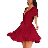 Clearlove Womens Skater Dresses V Neck Short Sleeve Tie Waist Solid Ruffle Boho Flowy Swing Mini Dress - 3 of 3