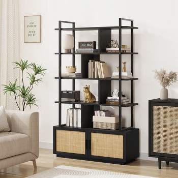 Whizmax 5 Tier Rattan Bookshelf with Storage Cabinet & Door, Industrial Book Shelf with Open Display Shelvesfor Living Room, Bedroom