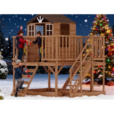 2-Story Elevated Cedar Playhouse for Kids - Outdoor Wooden Playhouse with Climbing Wall & Step Ladder, Modern Design