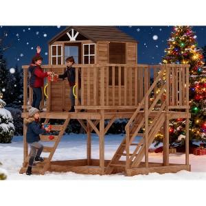 2-Story Elevated Cedar Playhouse for Kids - Outdoor Wooden Playhouse with Climbing Wall & Step Ladder, Modern Design - 1 of 4